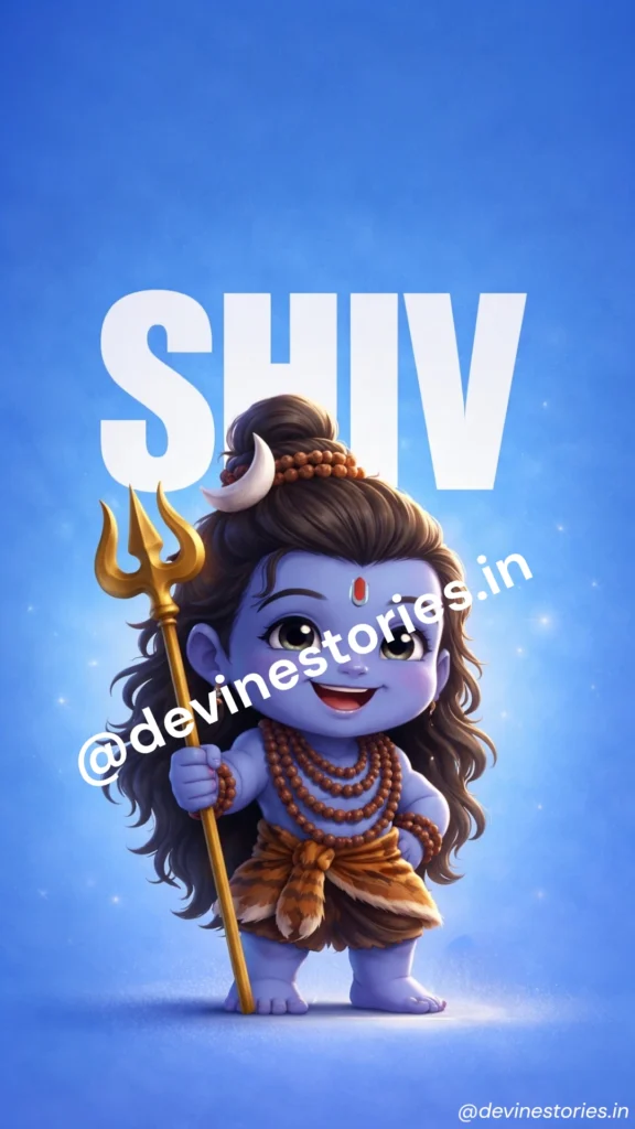 Cute baby Lord Shiva holding trishul in chibi style with blue background and Shiv text