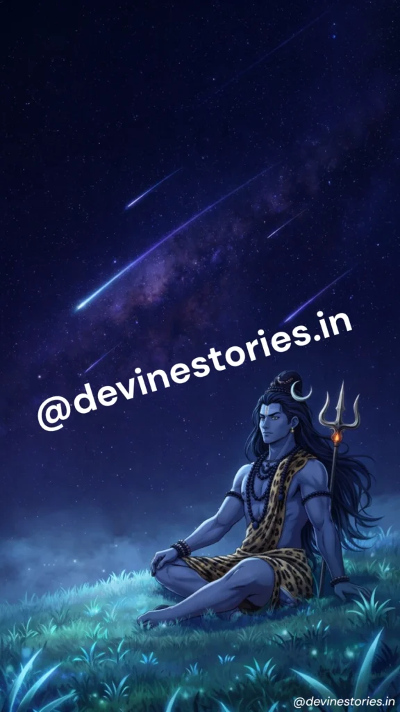 Lord Shiva sitting in meditation under a starry night sky with shooting stars and cosmic background