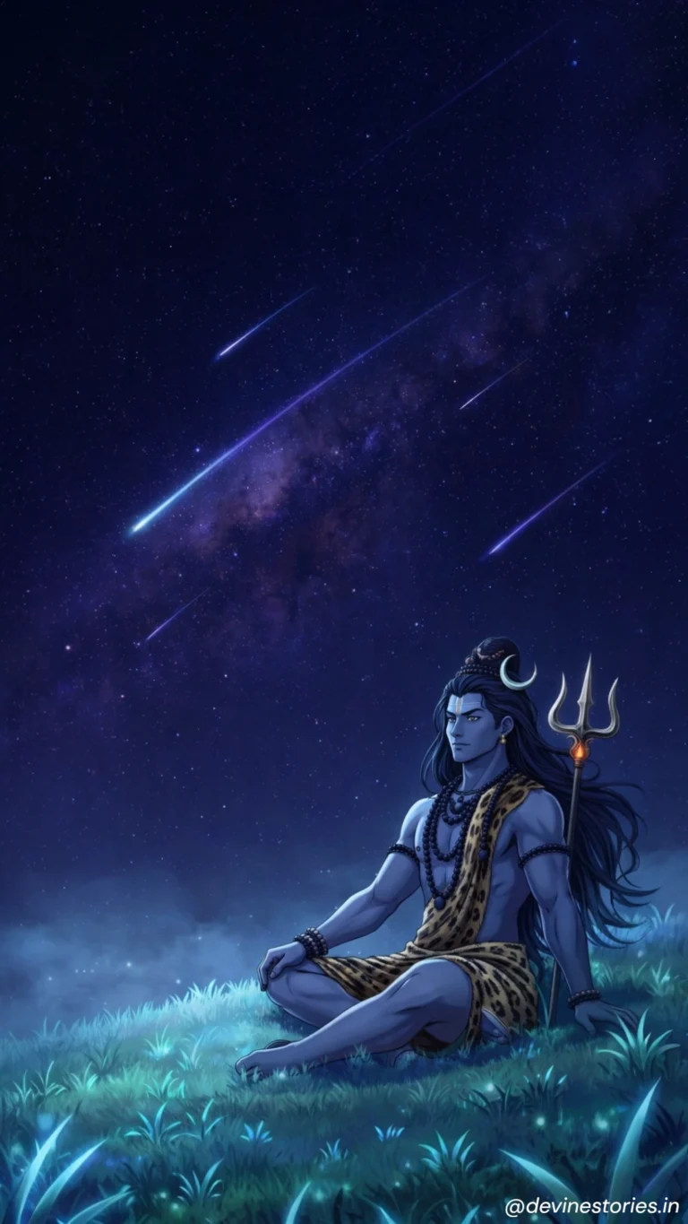 Download Lord Shiva Meditating Under Starry Night Sky with Shooting Stars | 4K Wallpaper