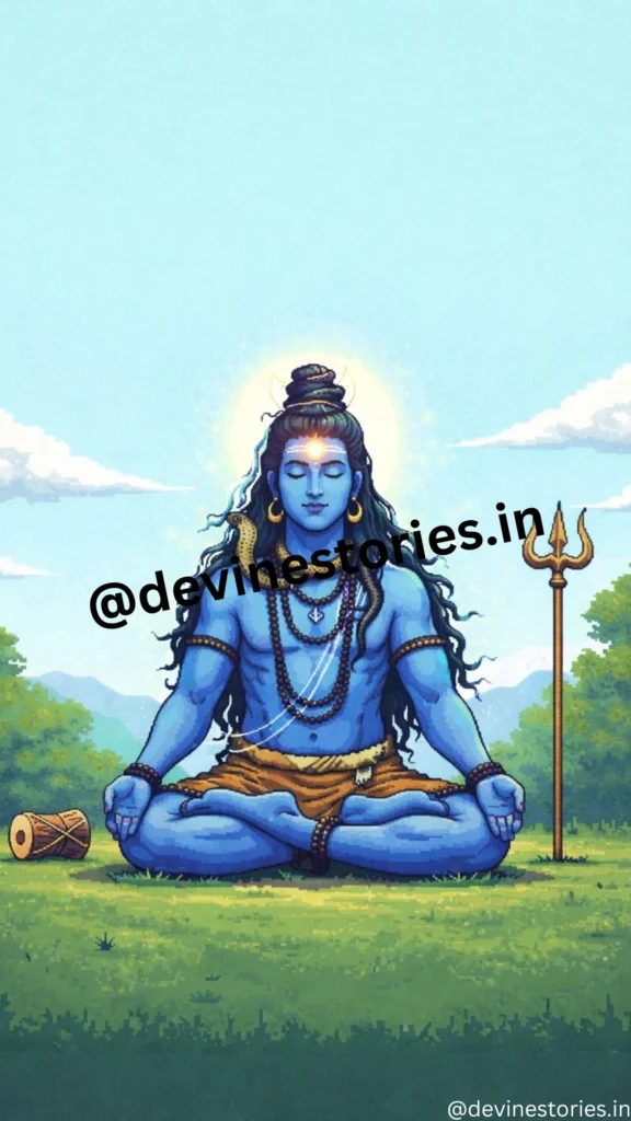 Lord Shiva meditating peacefully in nature with trishul and damru HD wallpaper