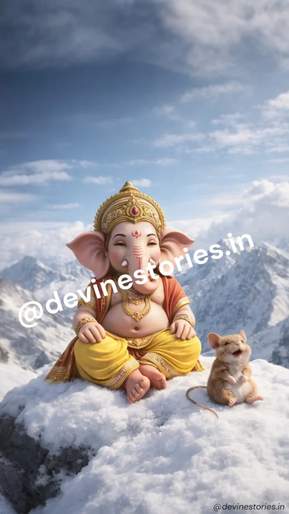 Cute baby Lord Ganesha sitting on a snowy Himalayan mountain with his mouse vahana, divine Hindu god HD wallpaper.