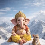 Download Baby Lord Ganesha Sitting on Snowy Mountain with Mouse – Divine HD Wallpaper