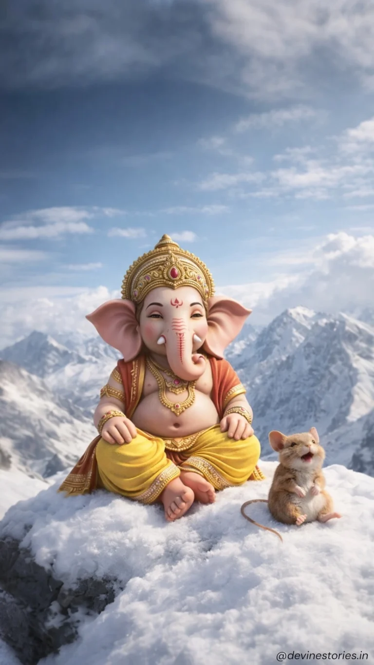Download Baby Lord Ganesha Sitting on Snowy Mountain with Mouse – Divine HD Wallpaper