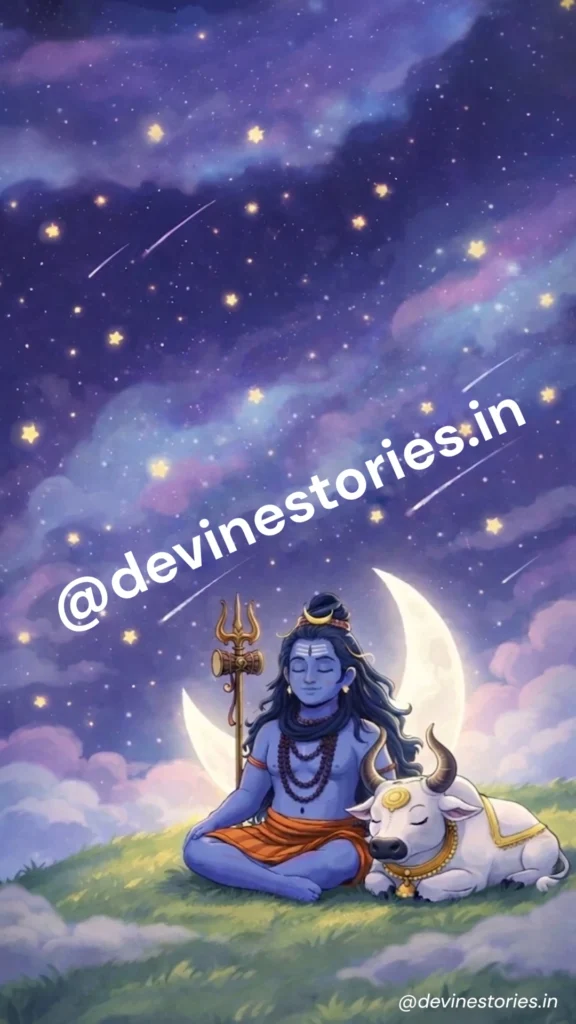 Lord Shiva meditating with Nandi under starry night sky and crescent moon divine HD wallpaper