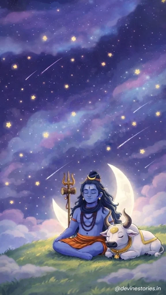 Lord Shiva meditating with Nandi under starry night sky and crescent moon divine HD wallpaper