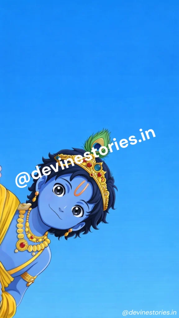 Cute baby Lord Krishna cartoon wallpaper with peacock feather crown and blue background HD