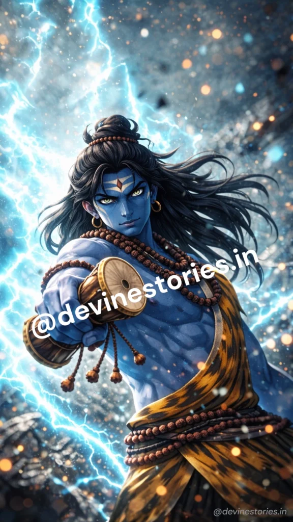 Lord Shiva holding damru with lightning background, powerful Mahadev digital art wallpaper