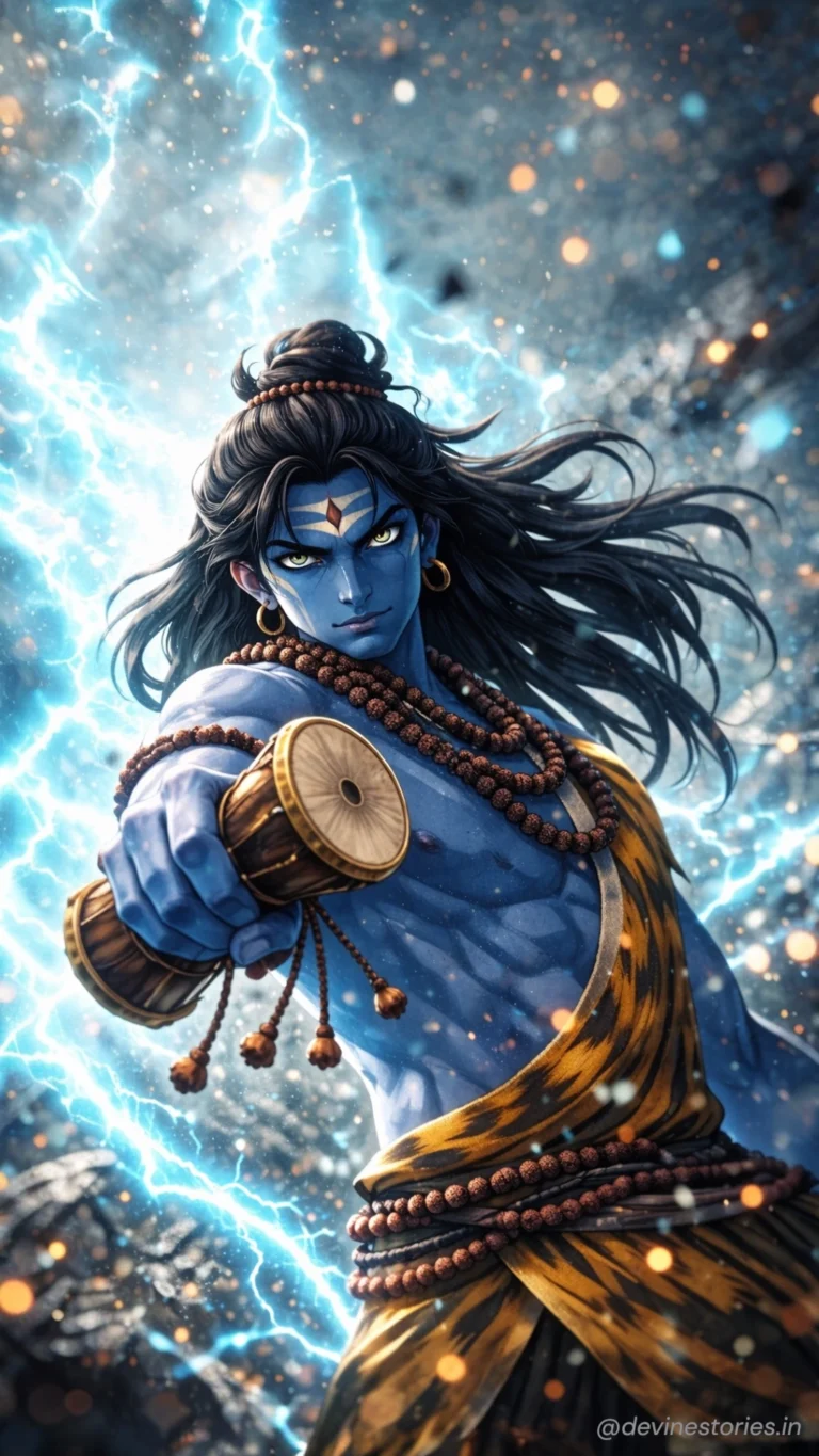 Download Lord Shiva 4K Wallpaper – Powerful Mahadev with Damru & Lightning Background