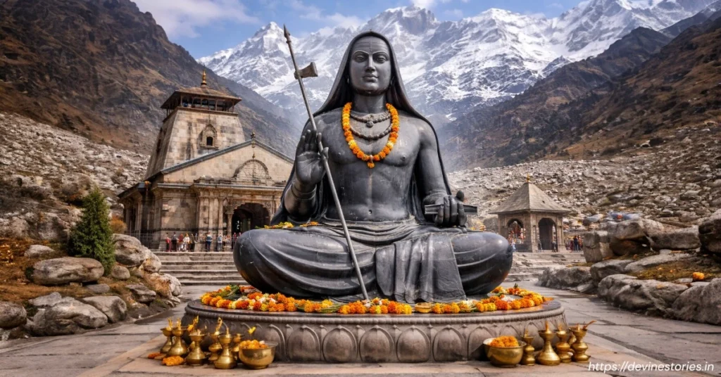 Adi Shankaracharya statue sitting in meditation at Kedarnath Temple with Himalayan mountains in the background, decorated with flowers and spiritual offerings