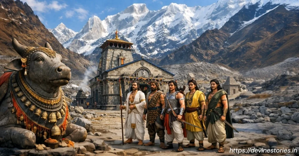 Beautiful HD wallpaper of Nandi and the Pandavas standing near Kedarnath Temple in the Himalayas, showcasing a divine and spiritual scene from Indian mythology.