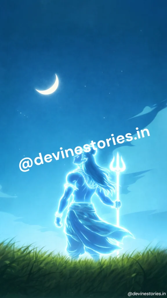 Glowing Lord Shiva standing under crescent moon with trishul, divine blue aura, spiritual night sky wallpaper