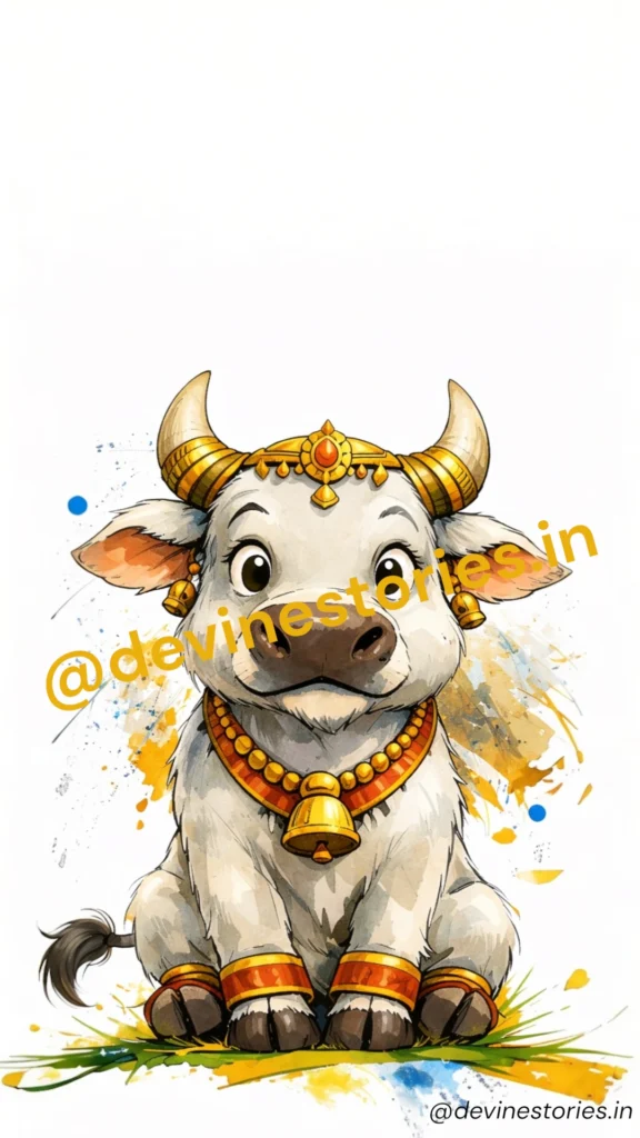 Cute sacred bull illustration inspired by Nandi with golden ornaments, sitting calmly in artistic watercolor style