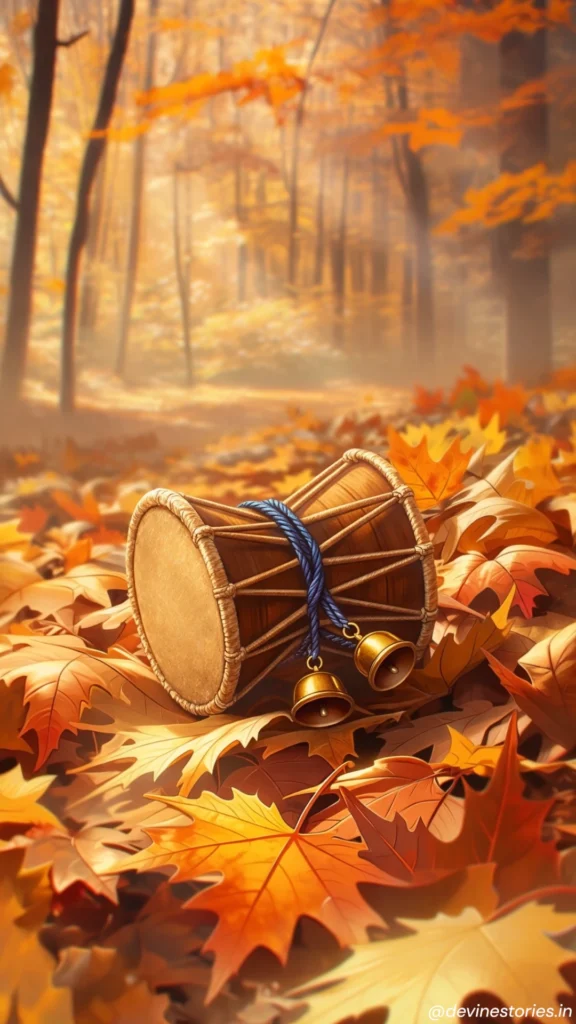 Traditional damru placed on orange autumn leaves in a misty forest, aesthetic nature wallpaper