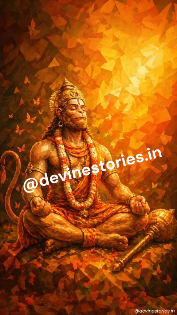 Meditating Lord Hanuman sitting in lotus pose with golden aura, low poly geometric art style, holding mace (gada), spiritual and divine atmosphere, orange glowing background.