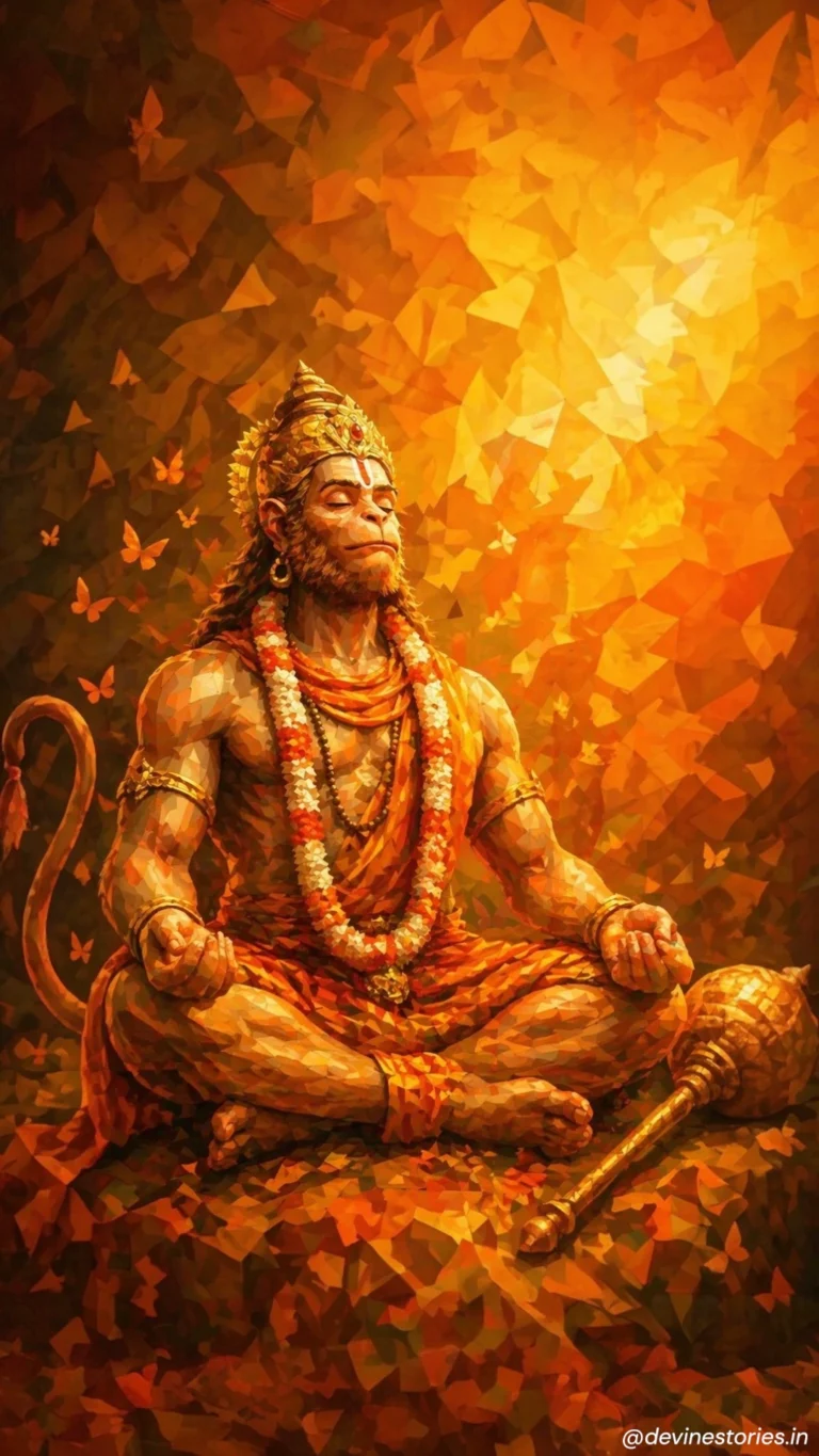 Download Meditating Lord Hanuman in Golden Aura – Low Poly Divine Art 4K Wallpaper