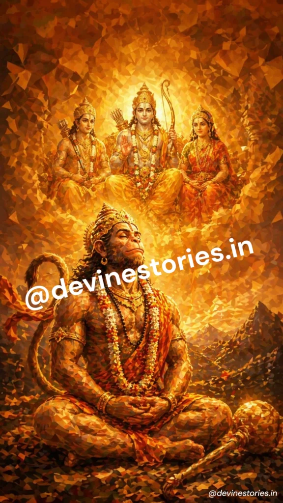 Lord Hanuman meditating peacefully with divine vision of Ram Darbar (Rama, Sita, Lakshman) glowing above in golden spiritual aura