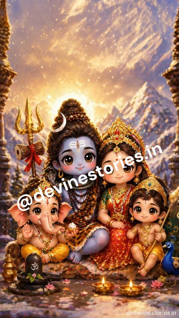 Adorable Shiv Parivar wallpaper featuring Lord Shiva, Maa Parvati, Lord Ganesha and Kartikeya in cute chibi style with Himalayan Kedarnath background, divine diya lights and Shivling in 4K HD.