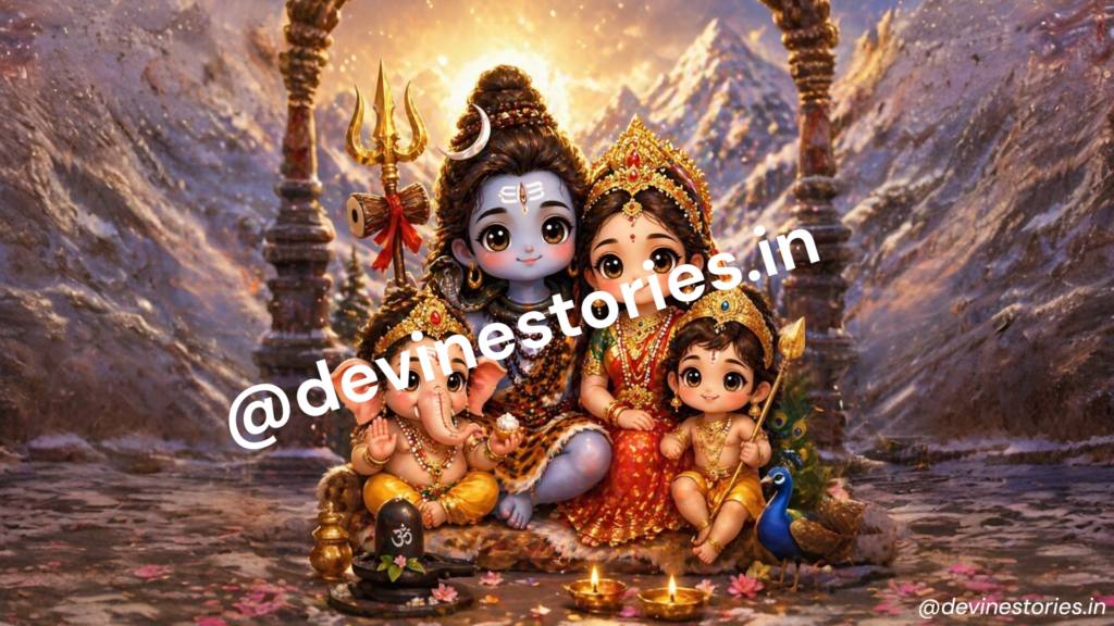 Adorable Shiv Parivar sitting in Kedarnath Himalayan temple background with Lord Shiva, Goddess Parvati, Lord Ganesha and Kartikeya in divine chibi art style 4K devotional wallpaper
