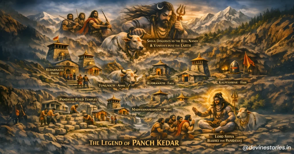 पंच केदार की पौराणिक कथा दर्शाता चित्र जिसमें भगवान शिव नंदी बैल के रूप में पृथ्वी में समाते हैं, पांडव शिव की खोज करते हैं और केदारनाथ, तुंगनाथ, रुद्रनाथ, मध्यमहेश्वर व कल्पेश्वर मंदिरों का दिव्य दृश्य दिखाया गया है।