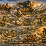 पंच केदार की पौराणिक कथा दर्शाता चित्र जिसमें भगवान शिव नंदी बैल के रूप में पृथ्वी में समाते हैं, पांडव शिव की खोज करते हैं और केदारनाथ, तुंगनाथ, रुद्रनाथ, मध्यमहेश्वर व कल्पेश्वर मंदिरों का दिव्य दृश्य दिखाया गया है।