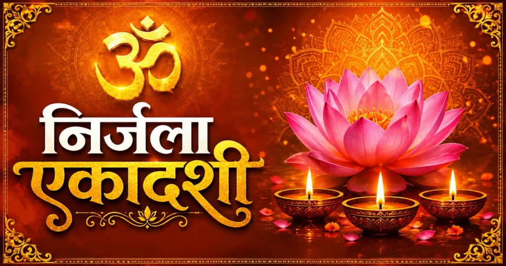 Nirjala Ekadashi devotional banner featuring a glowing golden Om symbol, elegant Hindi text, a pink lotus flower, three illuminated diya lamps, intricate golden mandala patterns, and an ornate decorative border on a saffron-orange background.