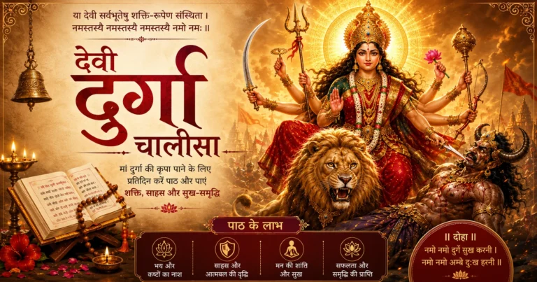 Illustration of Devi Durga sitting on a lion defeating Mahishasura with Durga Chalisa text in Hindi, symbolizing strength, courage, peace, and blessings of Maa Durga.