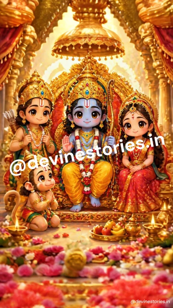 Cute Bal Ram Darbar golden temple HD wallpaper with Shri Ram Sita Lakshman Hanuman for mobile download