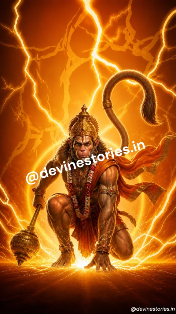 Powerful Lord Hanuman holding gada with lightning background divine orange glowing 4K wallpaper