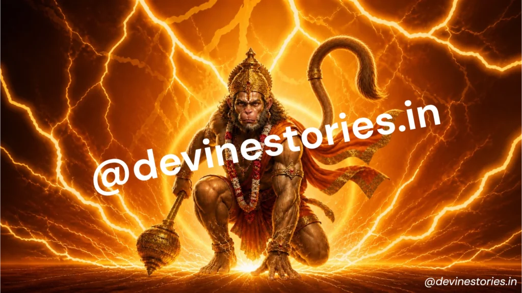 Powerful Lord Hanuman standing with glowing lightning aura and gada in divine orange energy background HD wallpaper