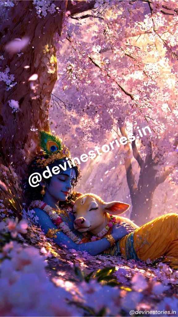 Beautiful Lord Krishna sleeping peacefully with a baby cow calf under glowing cherry blossom trees, divine spiritual fantasy wallpaper in 4K.