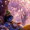 Download Divine Sleeping Krishna with Cow Calf Under Cherry Blossoms HD 4K Wallpaper