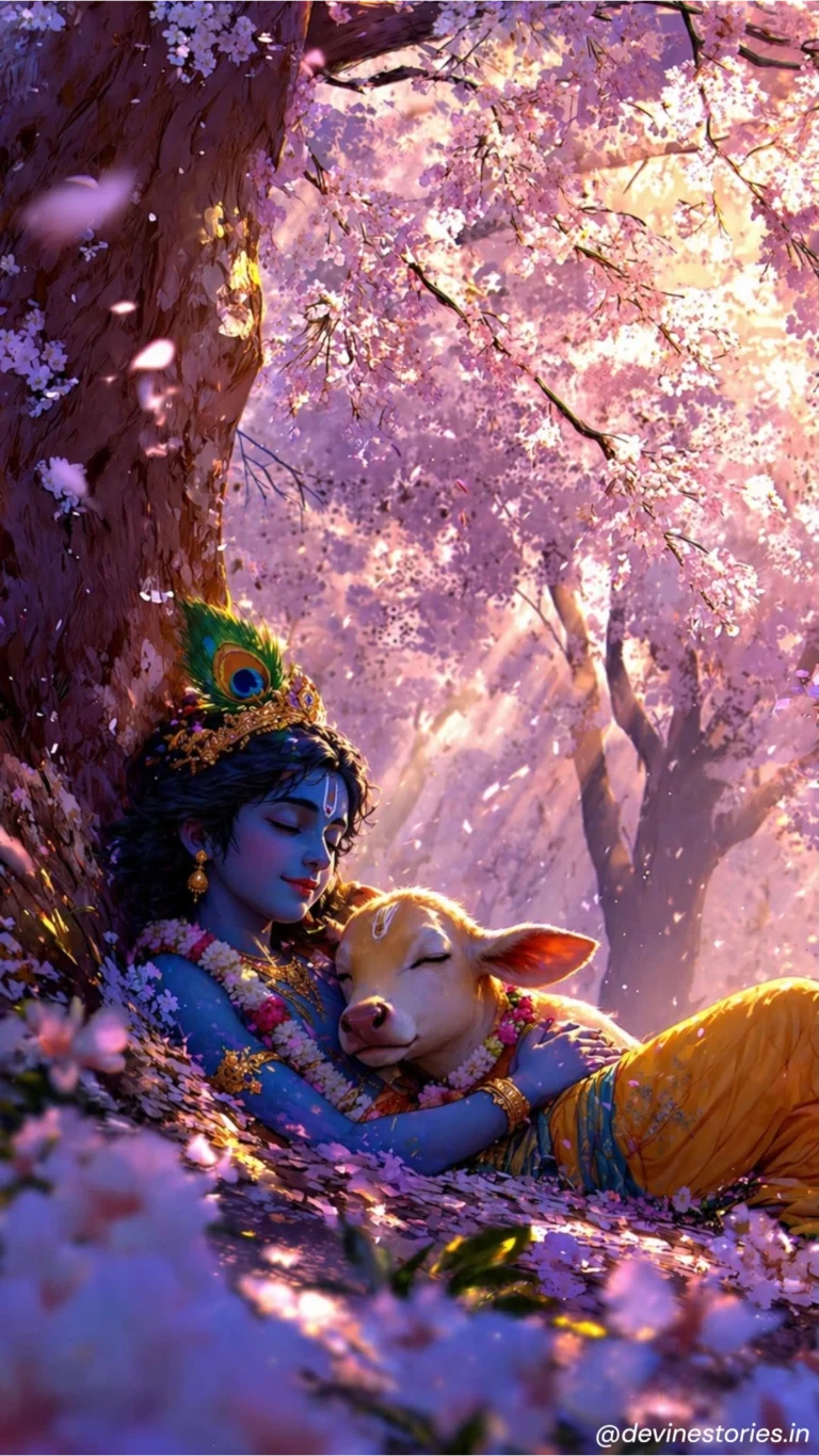 Download Divine Sleeping Krishna with Cow Calf Under Cherry Blossoms HD 4K Wallpaper