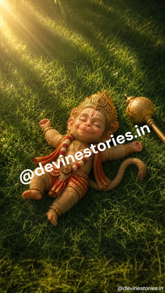 Cute Baby Hanuman sleeping on green grass with golden gada and divine sunlight HD wallpaper