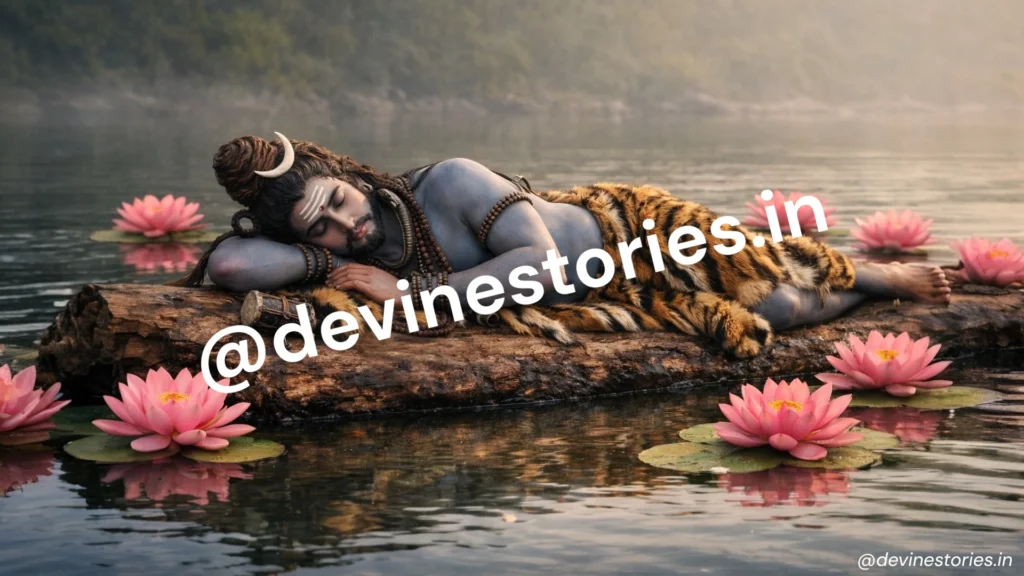 Peaceful Lord Shiva sleeping on a floating wooden log surrounded by pink lotus flowers in calm water.