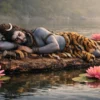 Download Lord Shiva Sleeping on Water with Lotus Flowers 4K HD Wallpaper