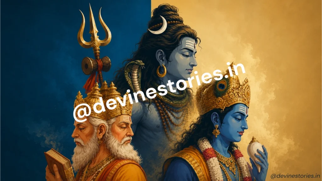 Divine Trimurti artwork featuring Lord Shiva, Lord Vishnu, and Lord Brahma in golden spiritual background.