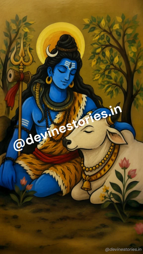 Peaceful Lord Shiva sitting with Nandi HD devotional wallpaper for mobile and desktop