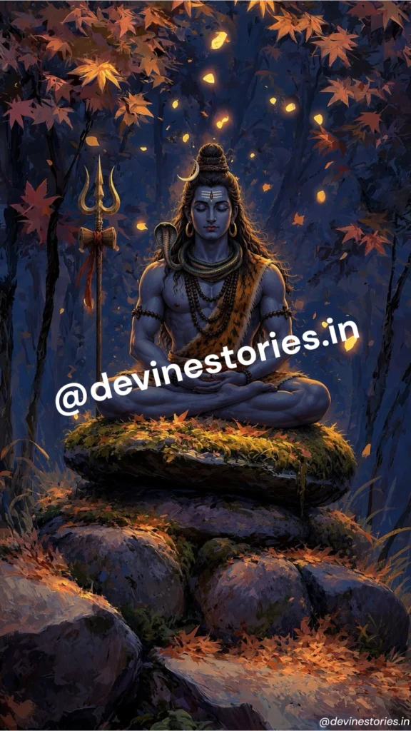 Lord Shiva meditating peacefully in a glowing forest with trishul beside him digital devotional artwork