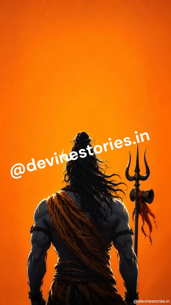 Powerful Lord Shiva back view HD wallpaper with Trishul and divine orange background