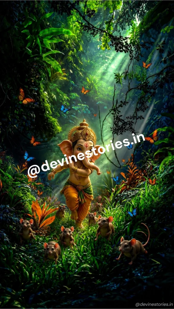 Cute Baby Lord Ganesha running in a magical forest with mice and butterflies HD wallpaper