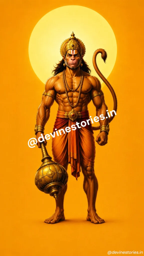 Powerful Lord Hanuman standing with gada and golden background HD wallpaper