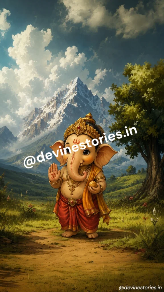 Cute baby Lord Ganesha standing in a Himalayan valley with snow mountains and divine nature background