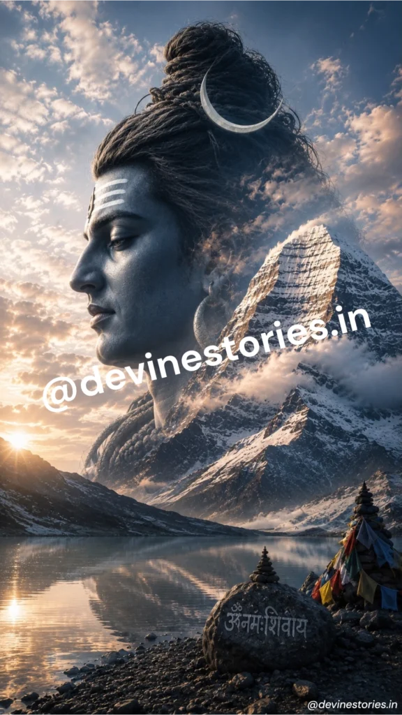 Photorealistic Lord Shiva side profile blended with Kailash Mansarovar mountain landscape, sacred lake, and Om Namah Shivaya stone artwork
