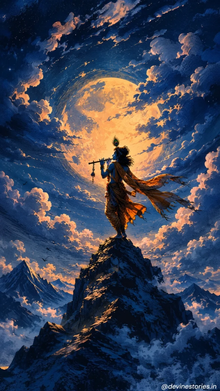 Download Lord Krishna Playing Flute Under Full Moon HD Wallpaper | Divine Night Sky Art