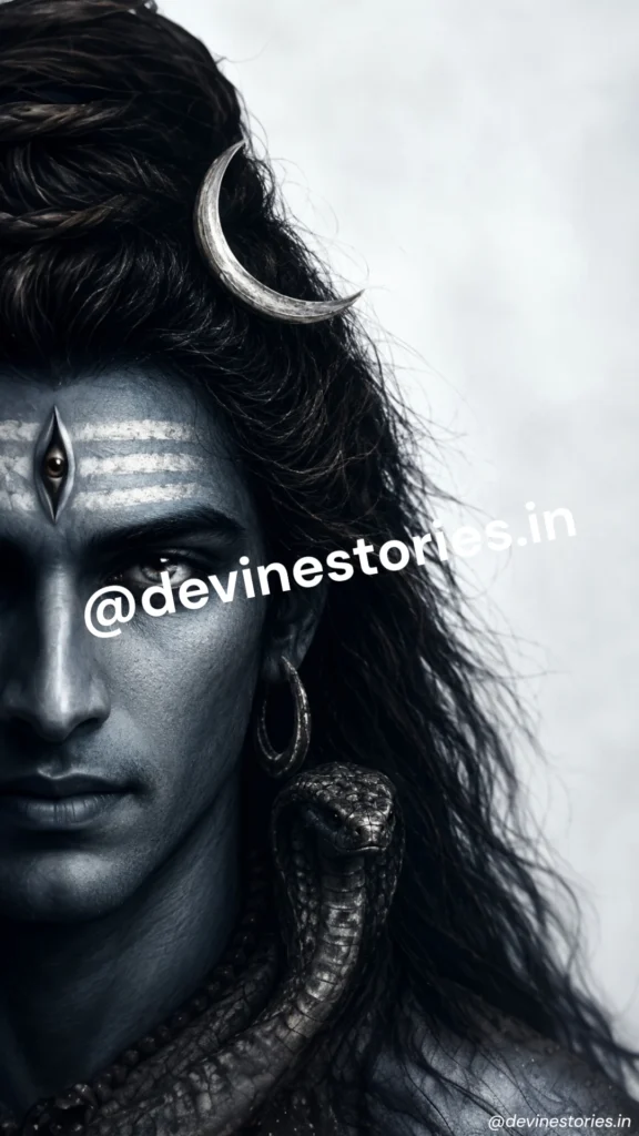Half face portrait of Lord Shiva with third eye, crescent moon, and serpent around the neck in a dark artistic style.