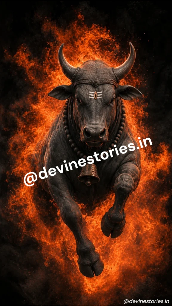 Majestic Nandi Maharaj running through blazing divine flames with Shiva Tilak on forehead, powerful Hindu devotional HD wallpaper
