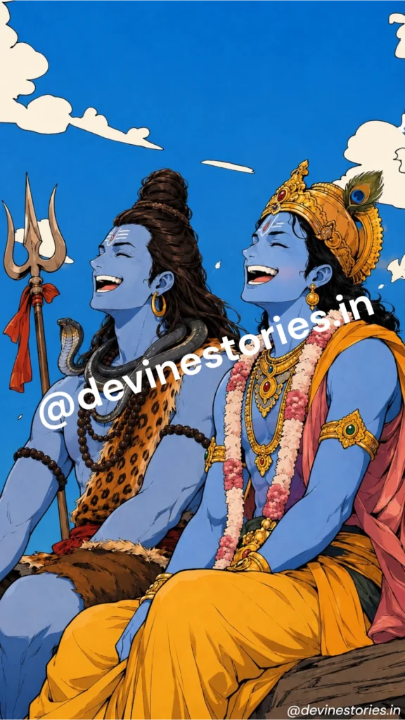 Lord Shiva and Lord Vishnu sitting together smiling under a bright blue sky with divine ornaments and spiritual aura.