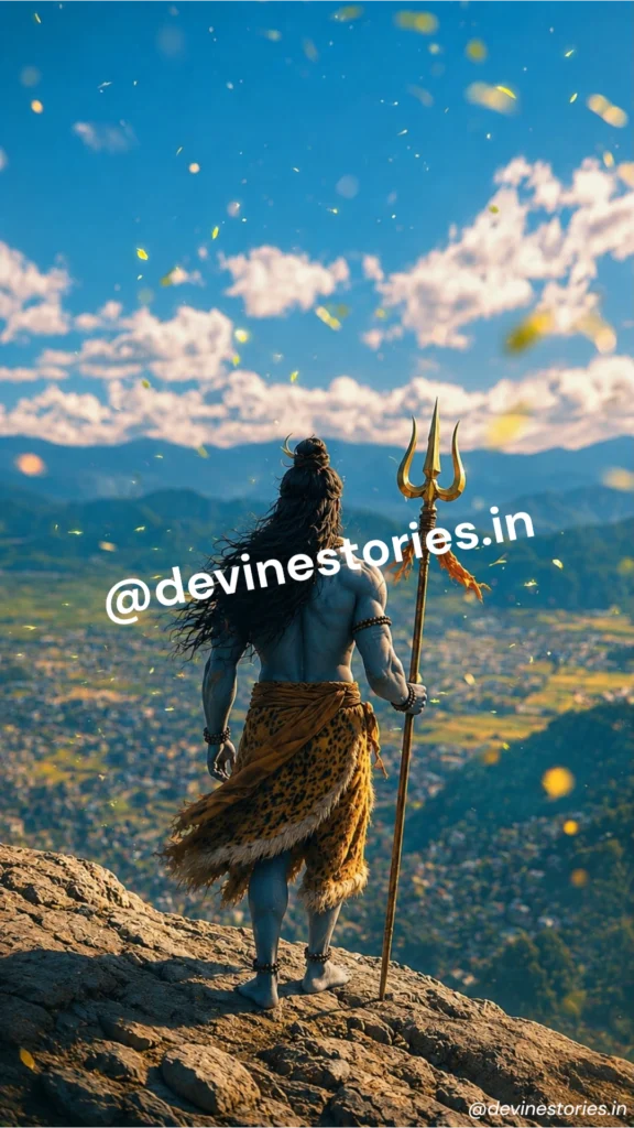 Lord Shiva standing on a mountain cliff with a Trishul, overlooking a beautiful valley and mountains beneath a bright blue sky.