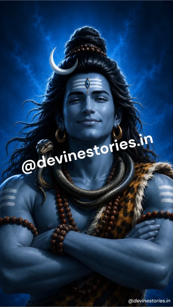 Lord Shiva HD 4K wallpaper featuring a serene blue Mahadev portrait with third eye, crescent moon, Rudraksha beads, snake around the neck, and tiger skin.
