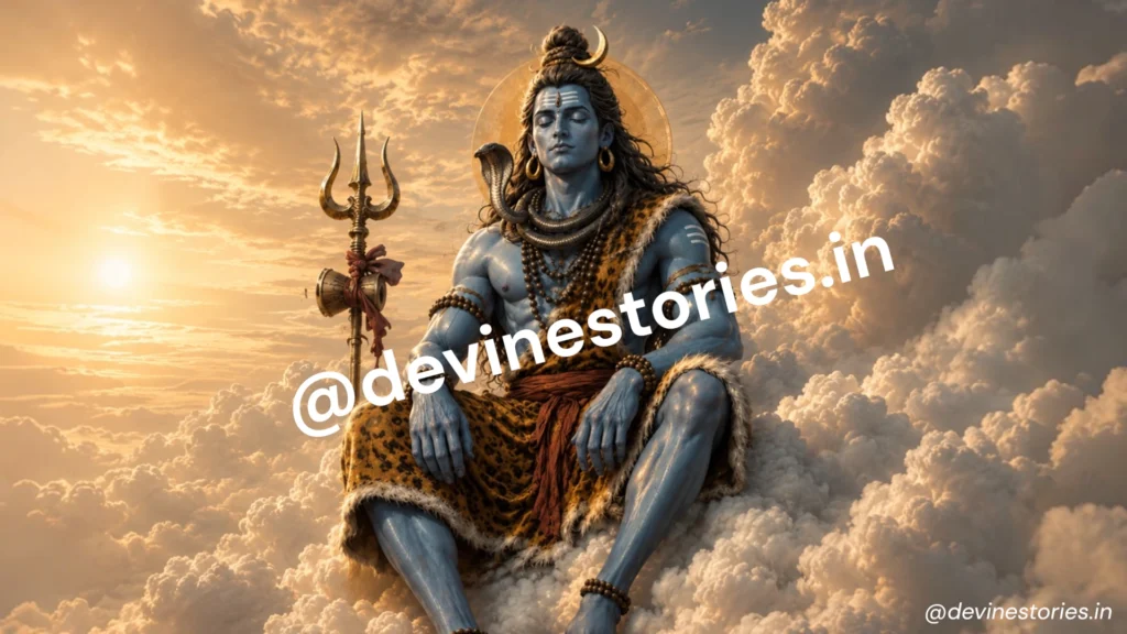 Divine Lord Shiva meditating on celestial clouds with trishul and damru, featuring a realistic 4K spiritual artwork.